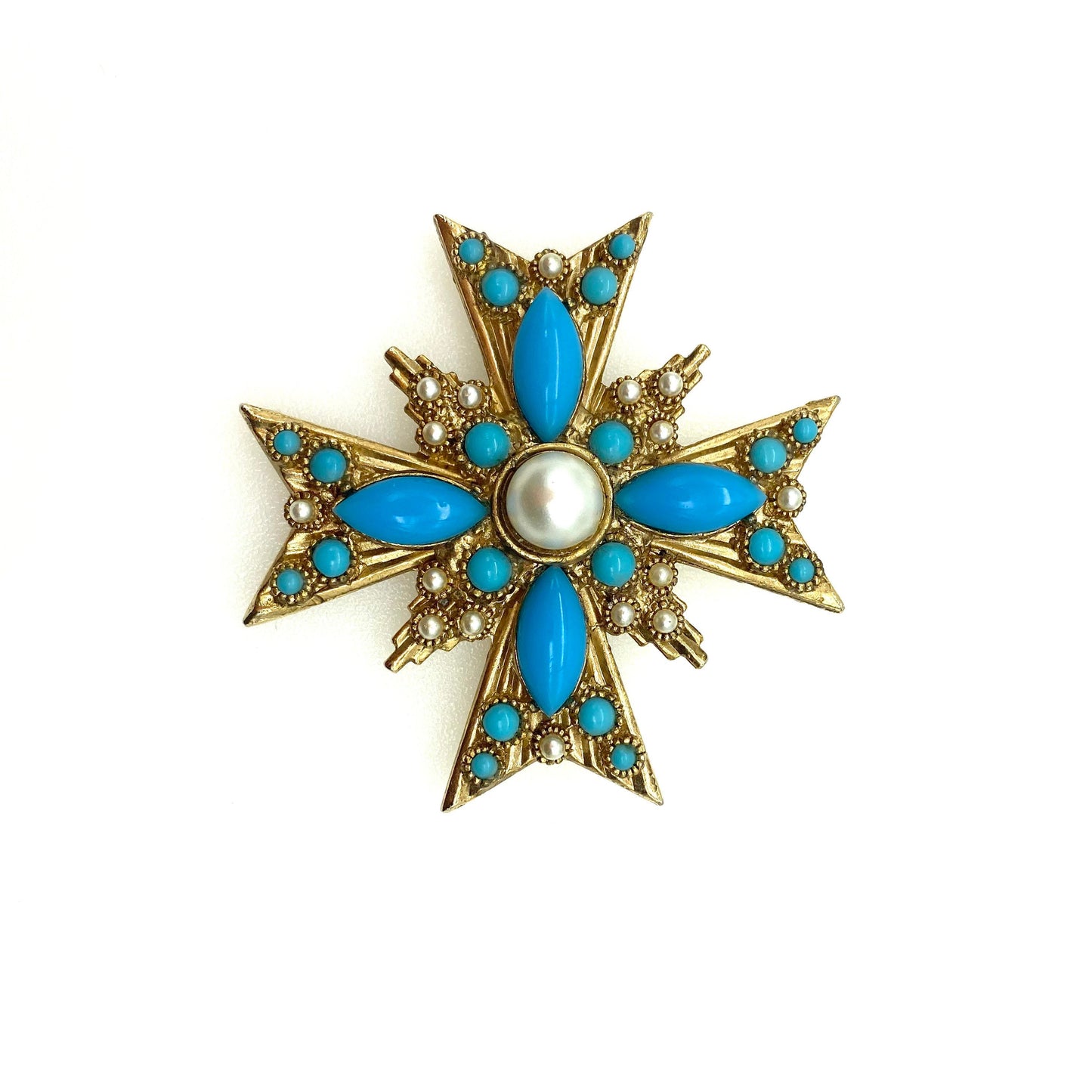 Unsigned Sphinx Maltese Cross Brooch/Pendant with Faux Turquoise and Imitation Pearl Signed 9229