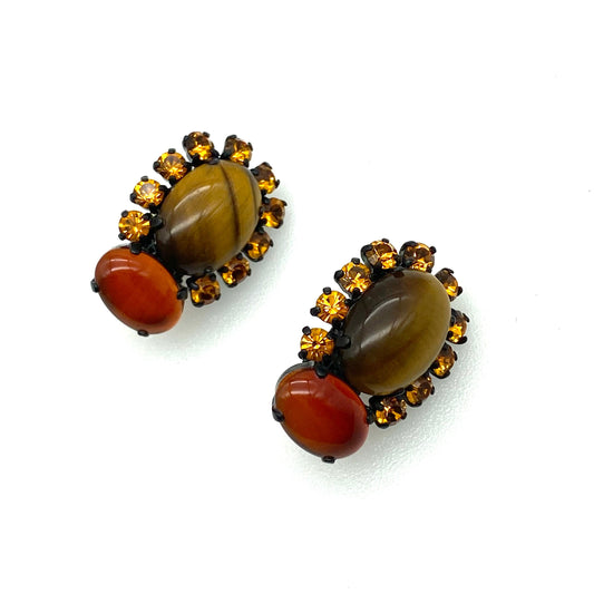 Phillipe Ferrandis Tiger's Eye and Swarovski Crystal Clip On Earrings