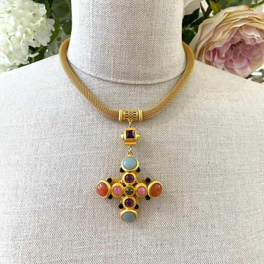 Natasha Stambouli Atelier 24ct Gold Plated Semi Precious Jewelled Maltese Cross Necklace