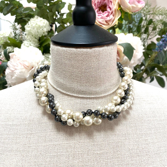 Heavy Hand Knotted Glass Pearl and Hematite Twisted Three Strand Necklace