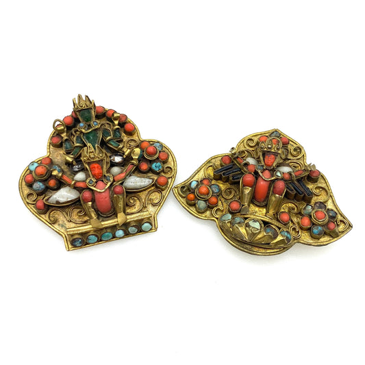 A Pair of Signed Antique Hand Crafted Inlaid Nepalese/Tibetan Brass Brooches