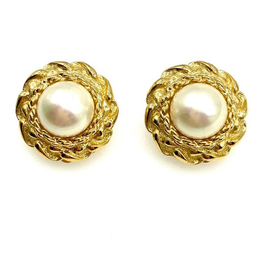 Christian Dior Germany Gold Plated Round Faux Pearl Clip On Earrings