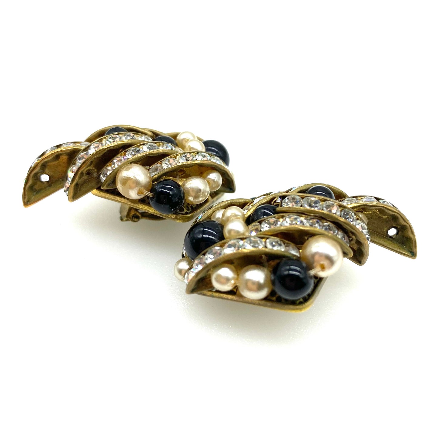 Exceptionnel Art Déco Channel Set Strass Clip On Boucles d’oreilles avec perles de verre et fausses perles