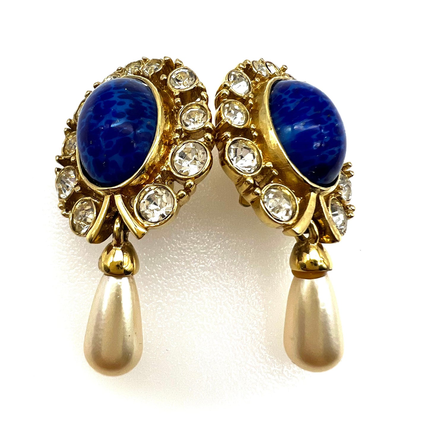 CIRO Boucles d'oreilles compte-gouttes à clip plaqué or effet lapis-lazuli, cristal et fausses perles