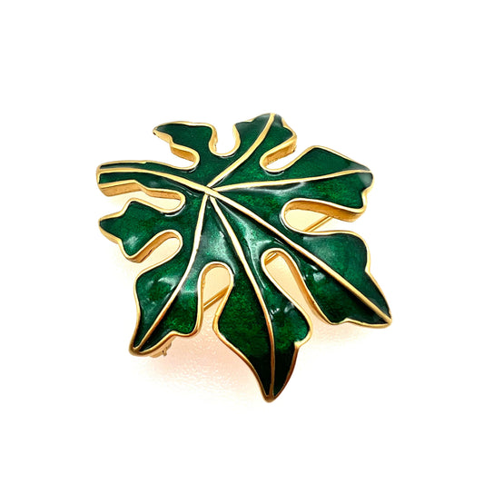D'Orlan Green Enamel Gold Plated Leaf Brooch