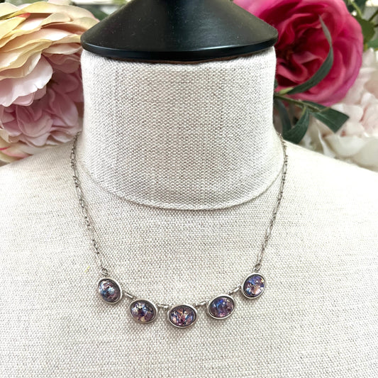 Signed 'OPLA 925' Silver Necklace with Five Art Glass Glass Cabochons