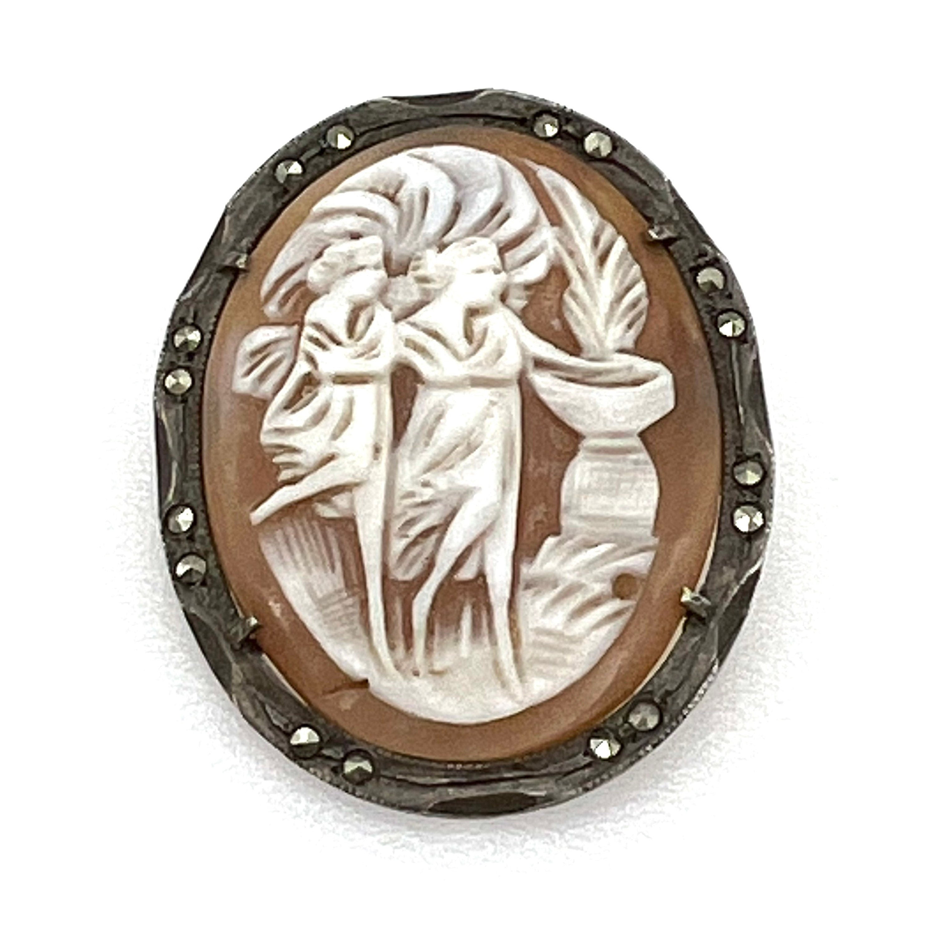 Cameo Brooch set outlet in 800 Silver and Marcasite Frame