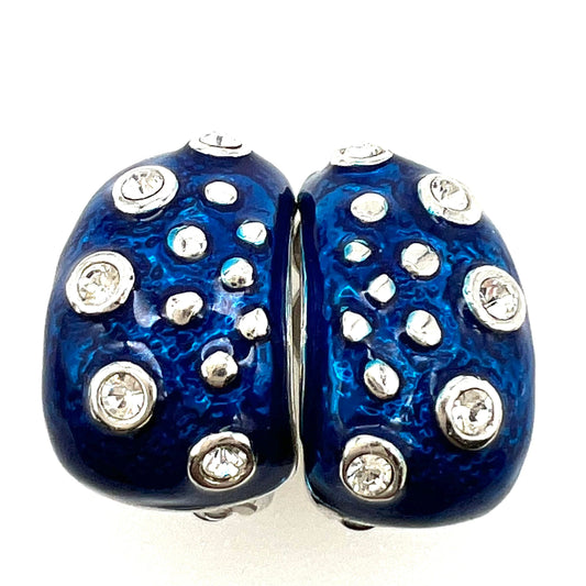 Unsigned Half Hoop Wide Blue Enamel Clip On Earrings