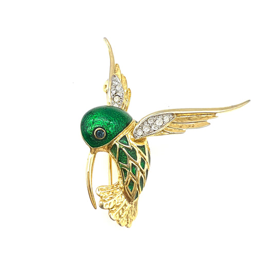 Unsigned Humming Bird Rhinestone and Enamel Brooch