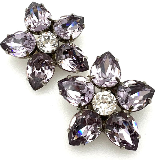 Unsigned Large Lilac and Clear Rhinestone Flower Clip On Earrings