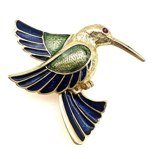 Hummingbird Enamel and Rhinestone Brooch