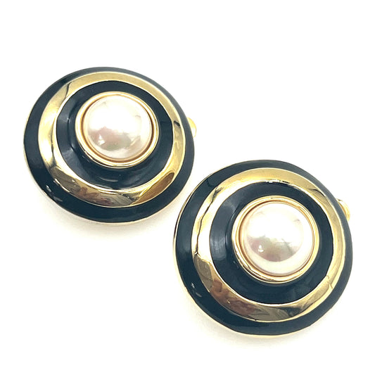 Keyes Large Black Enamel and Gold Plate Faux Pearl Clip On Earrings