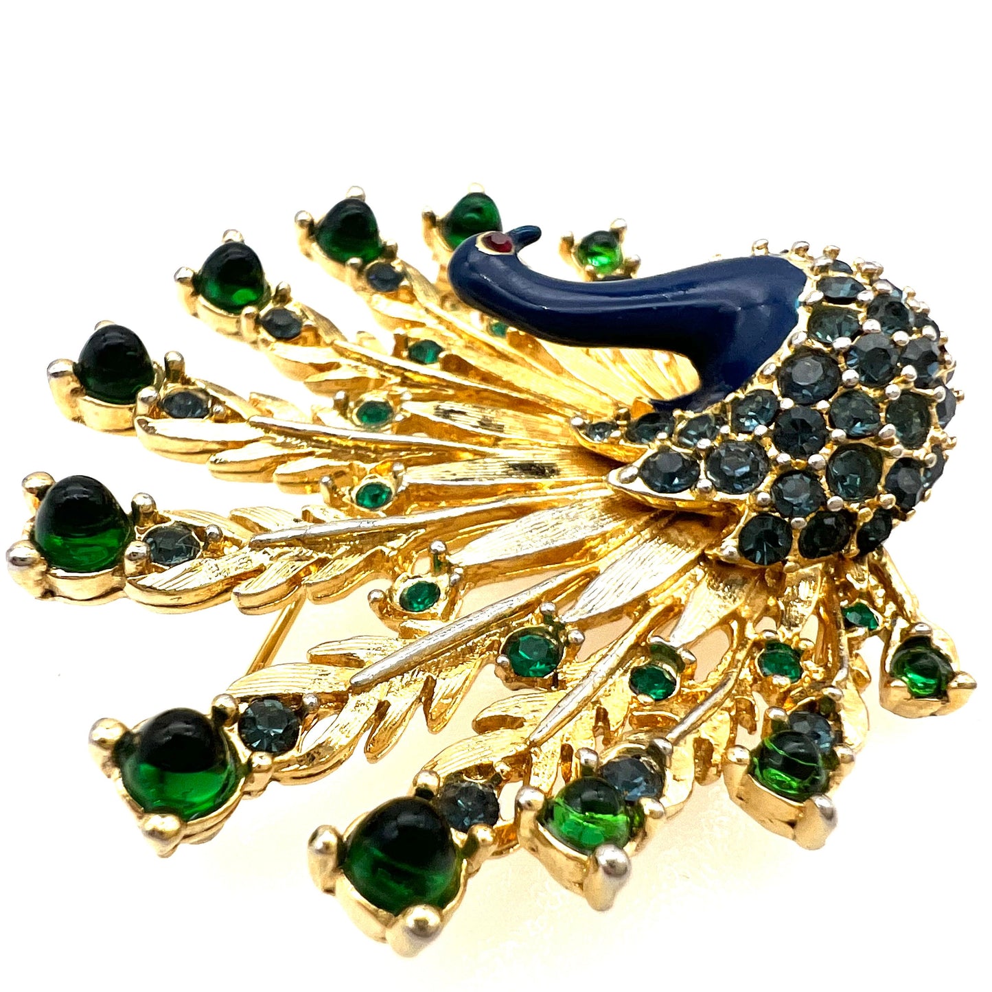 Unsigned Enamel, Rhinestone and Glass Gold Tone Peacock Brooch