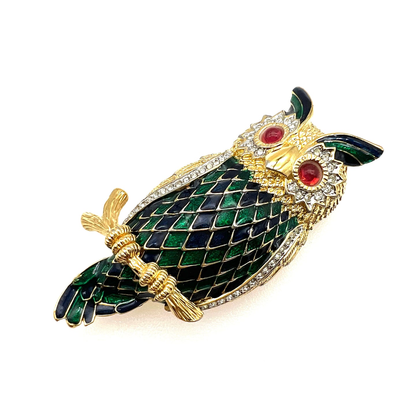 D'Orlan 22ct Triple Plated Gold, Enamel and Crystal Owl on Branch Brooch