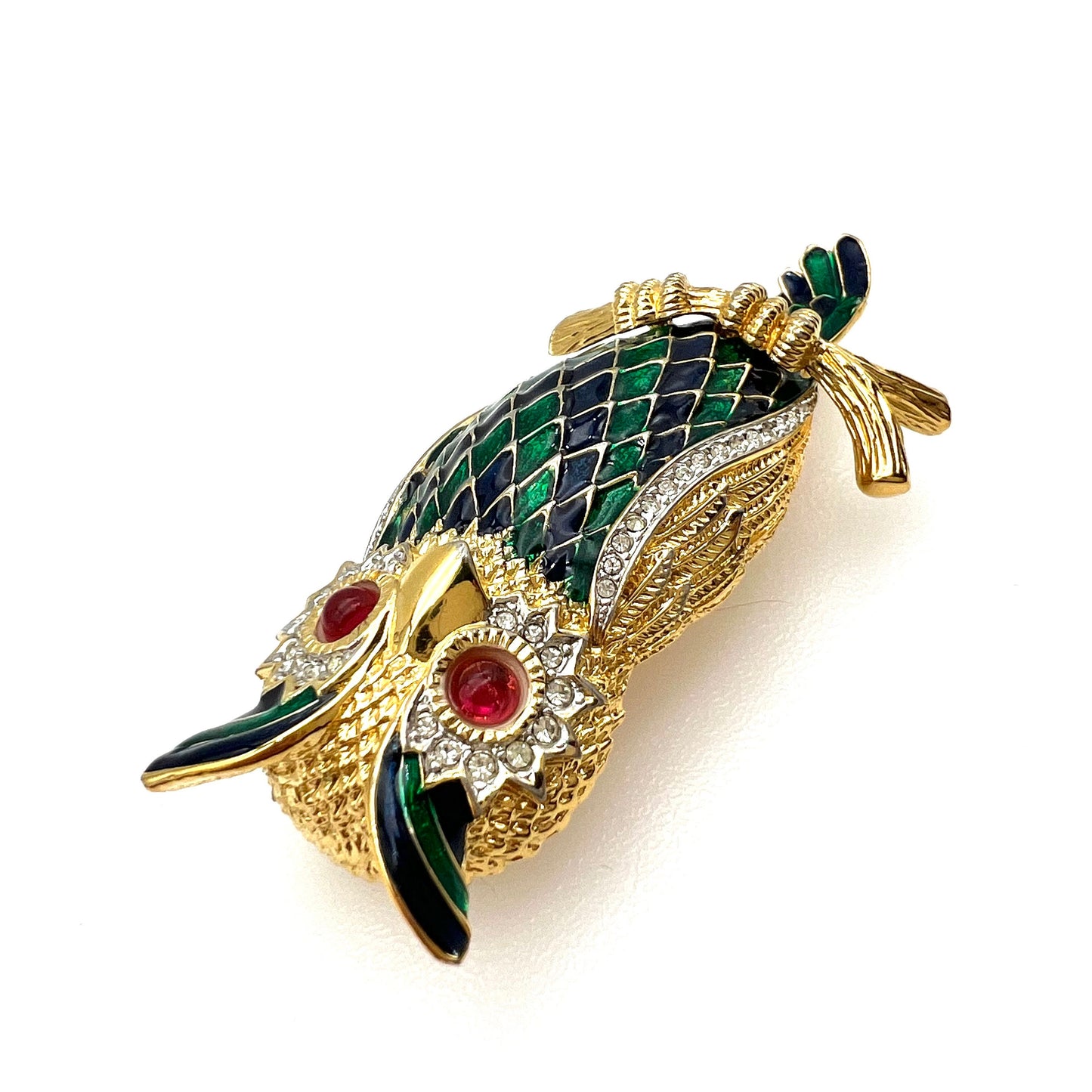 D'Orlan 22ct Triple Plated Gold, Enamel and Crystal Owl on Branch Brooch