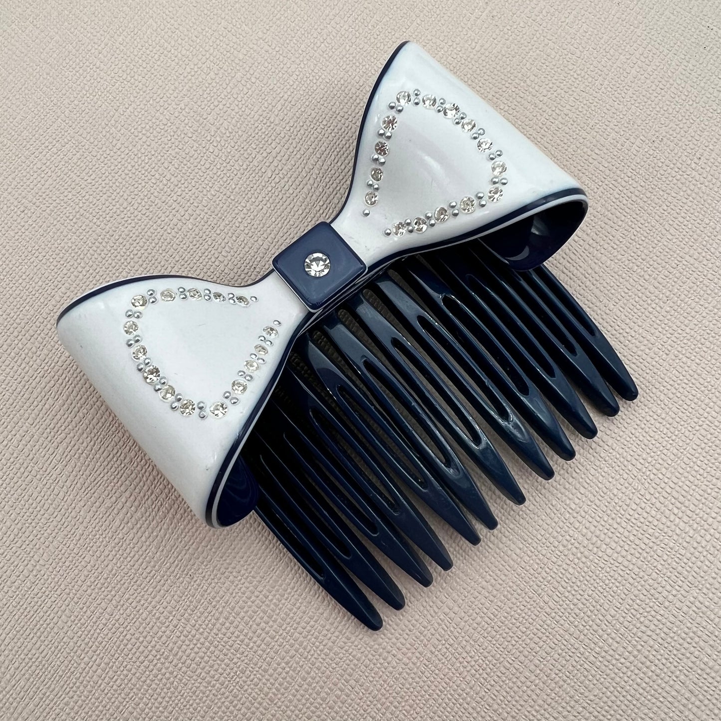 Mary Quant Navy and White Crystal Embellished Bow Hair Slide/Comb