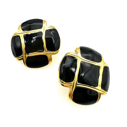 Unsigned Round Gold Plated and Black Enamel Cross Clip On Earrings