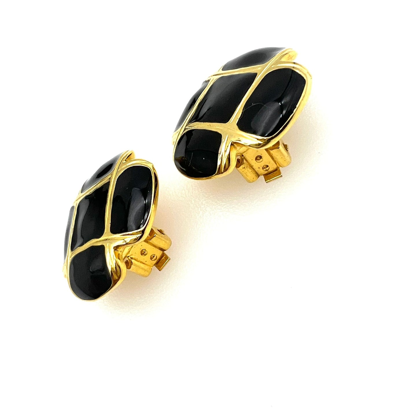Unsigned Round Gold Plated and Black Enamel Cross Clip On Earrings