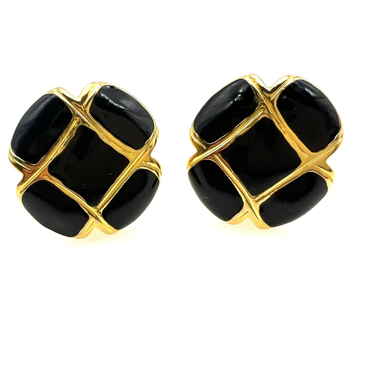 Unsigned Round Gold Plated and Black Enamel Cross Clip On Earrings
