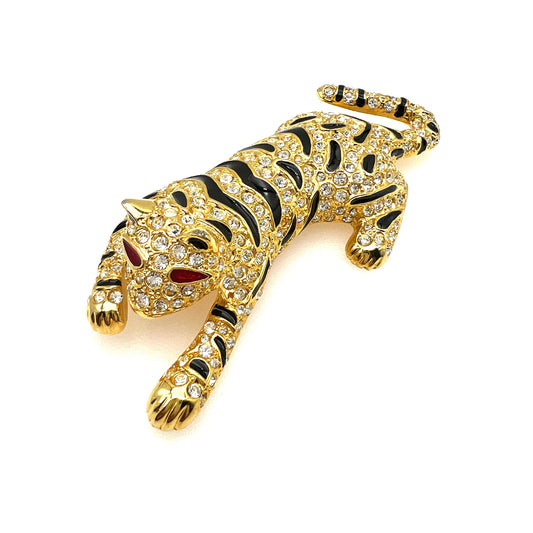 Broche tigre en strass en émail doré non signée