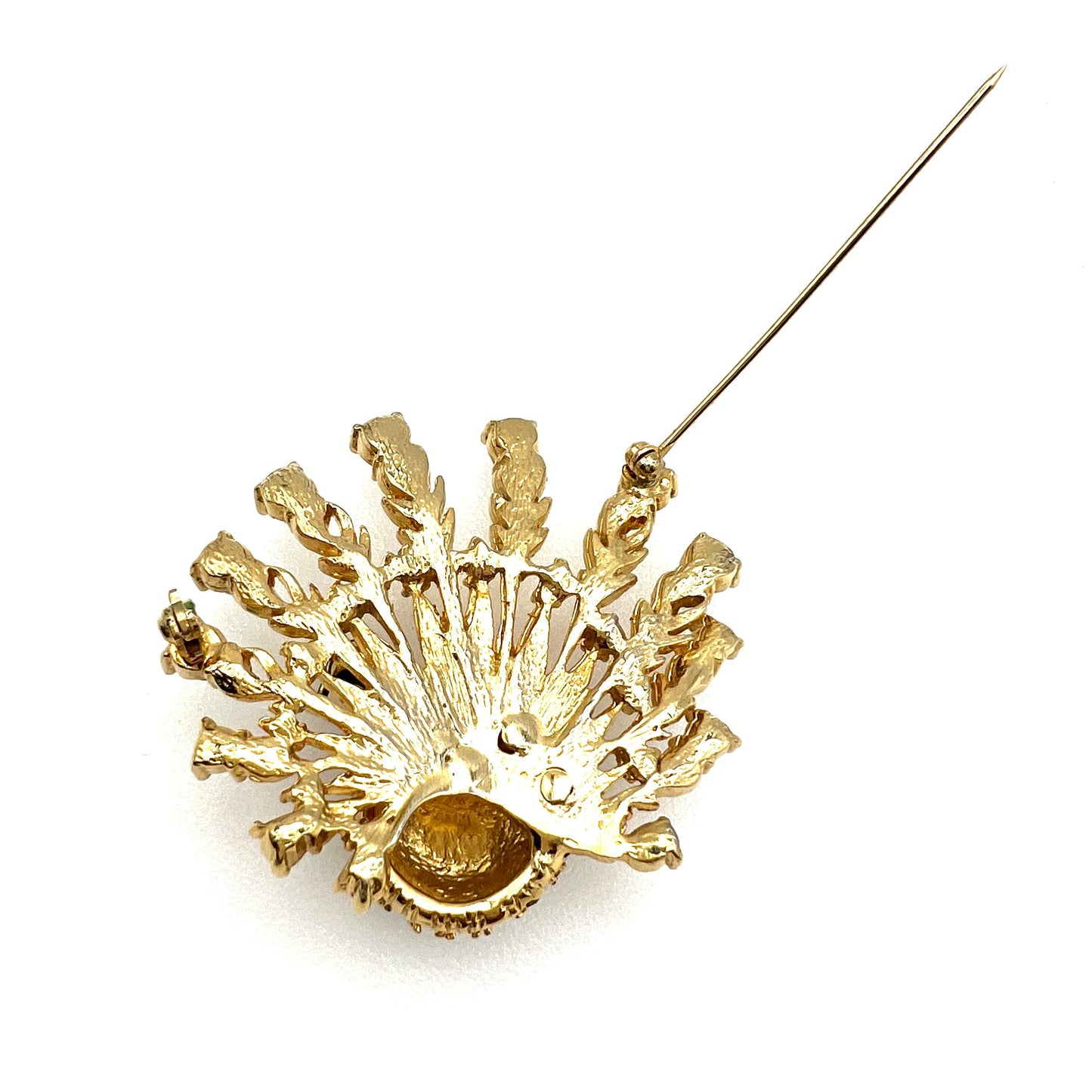 Unsigned Enamel, Rhinestone and Glass Gold Tone Peacock Brooch