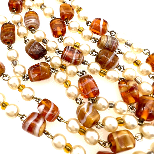 Single Strand Honey Tone Art Glass Bead and Faux Pearl Necklace