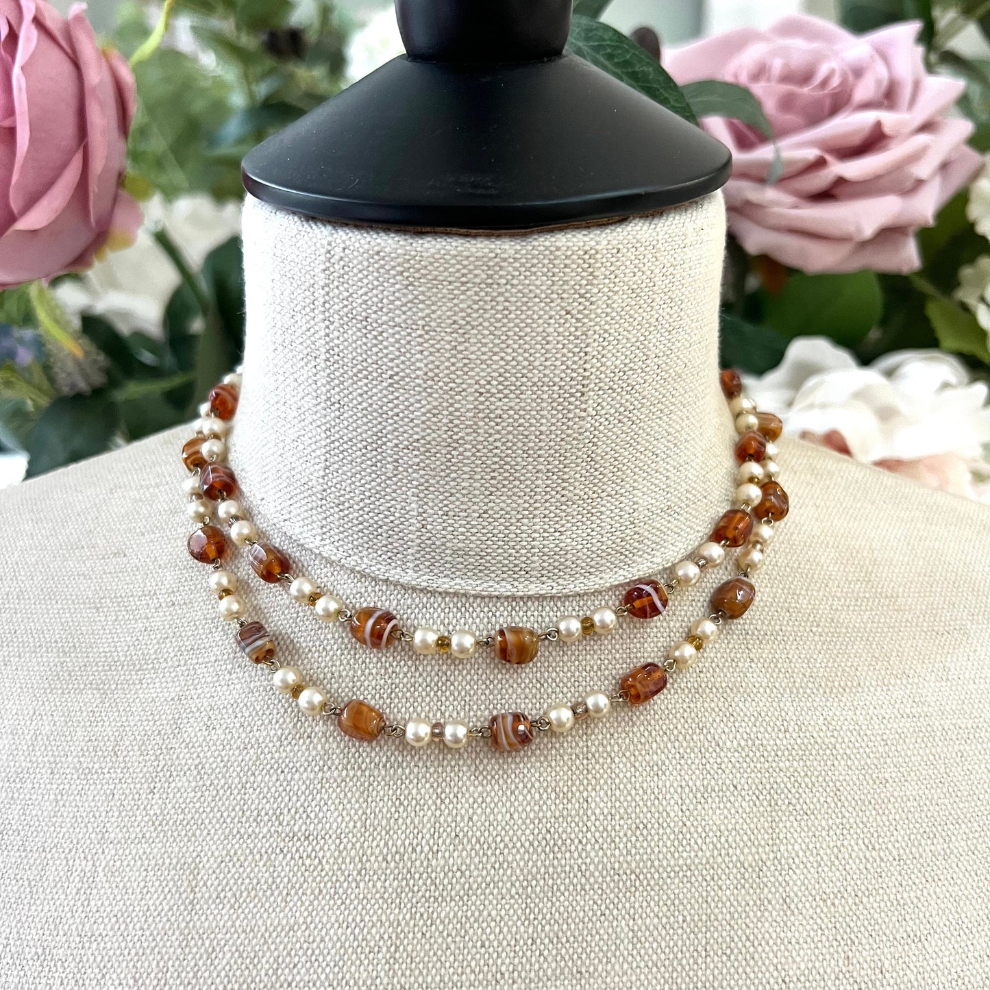 Single Strand Honey Tone Art Glass Bead and Faux Pearl Necklace