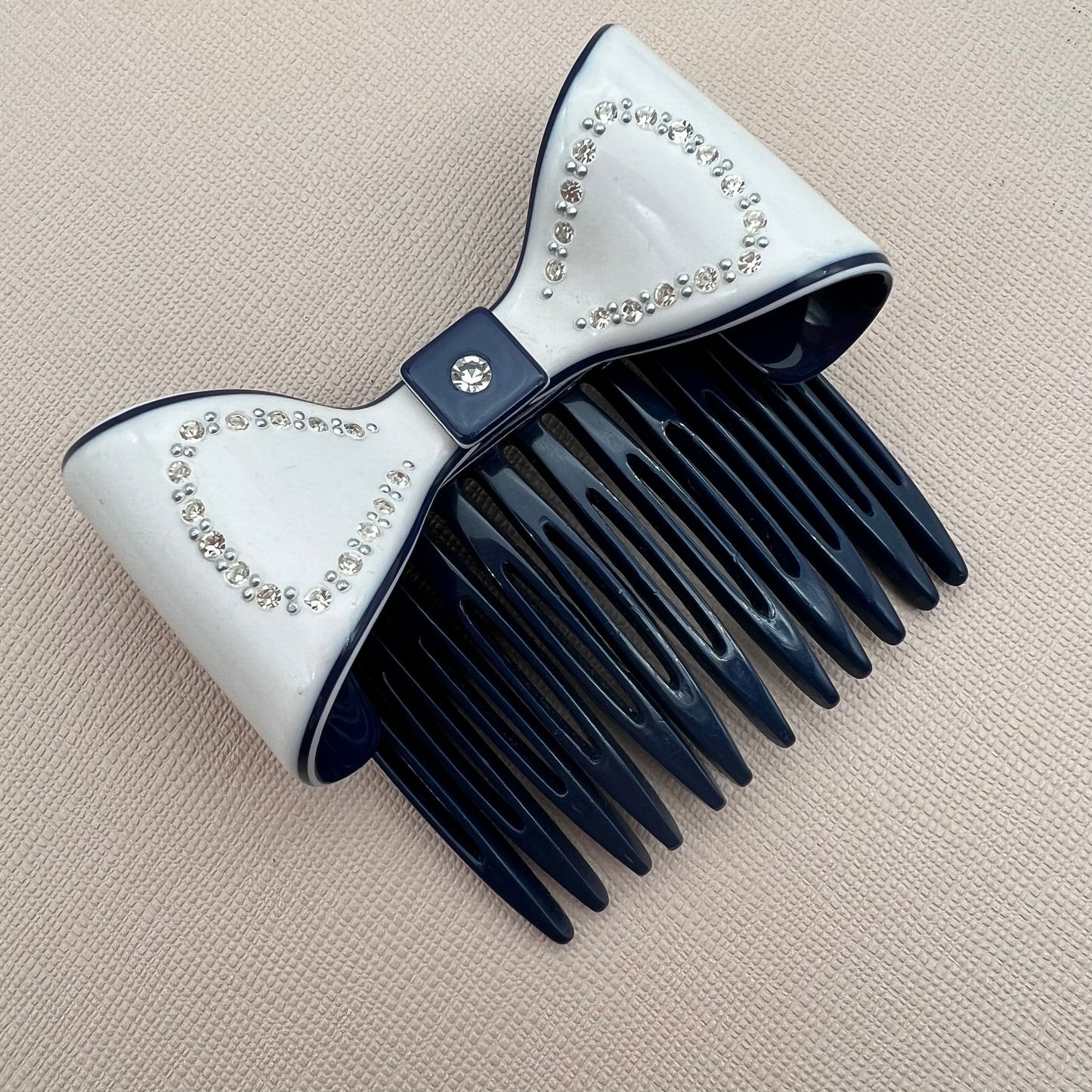 Mary Quant Navy and White Crystal Embellished Bow Hair Slide/Comb