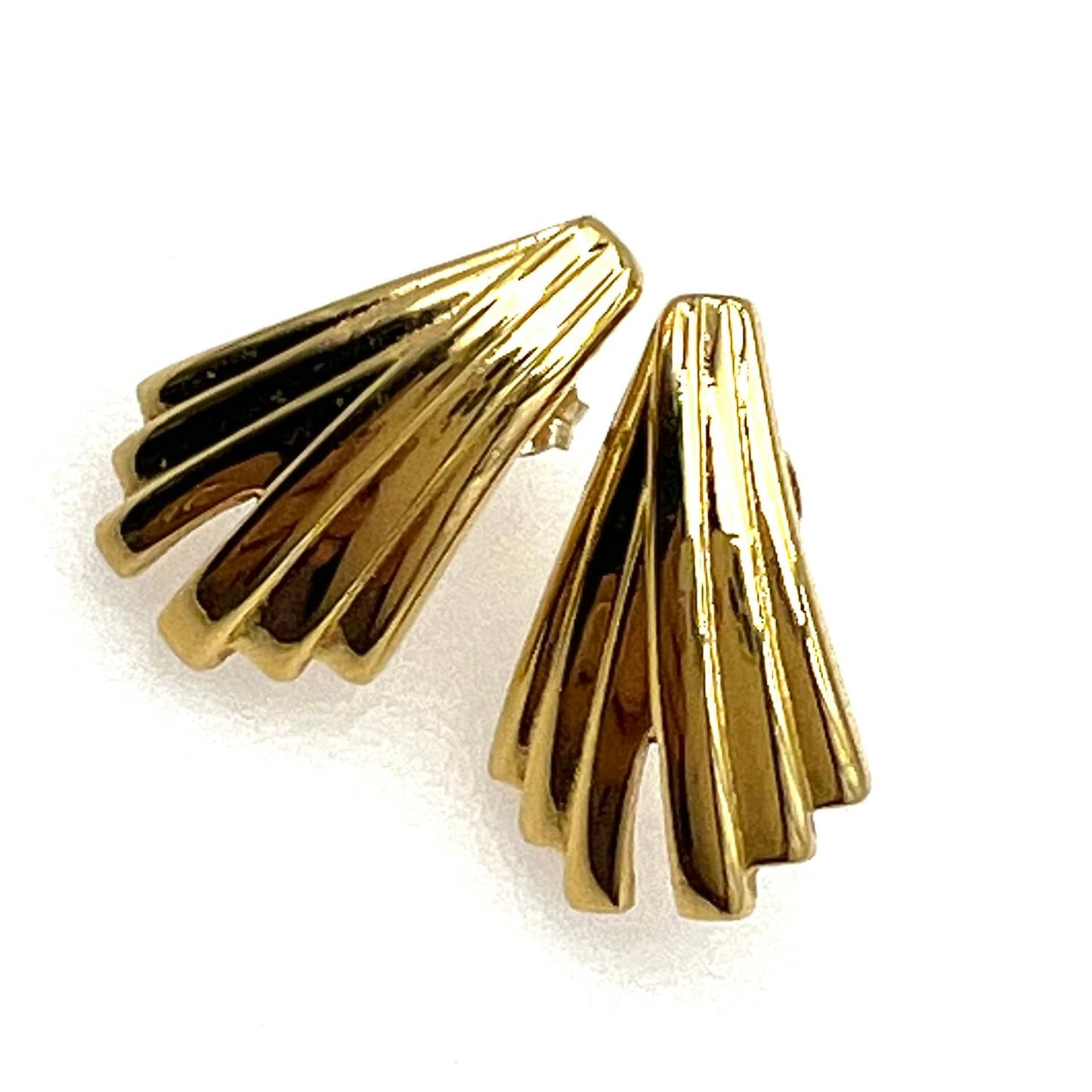 Monet Gold Plated Modernist Ridged Fan Pierced Earrings with (Brand New) 14K Gold Filled Butterfly Backs