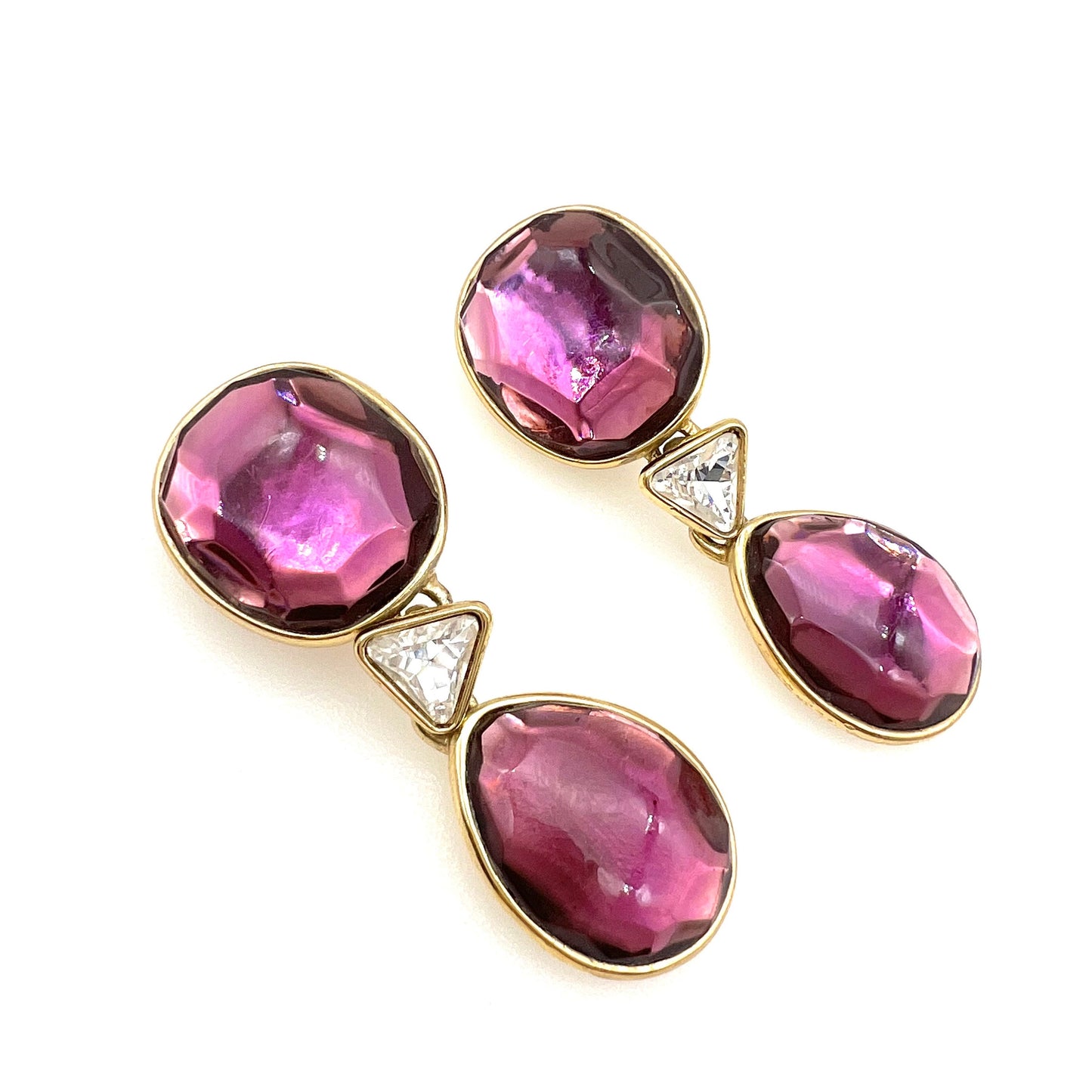 Yves Saint Laurent Made In France Purple Resin and Crystal Drop Clip On Earrings