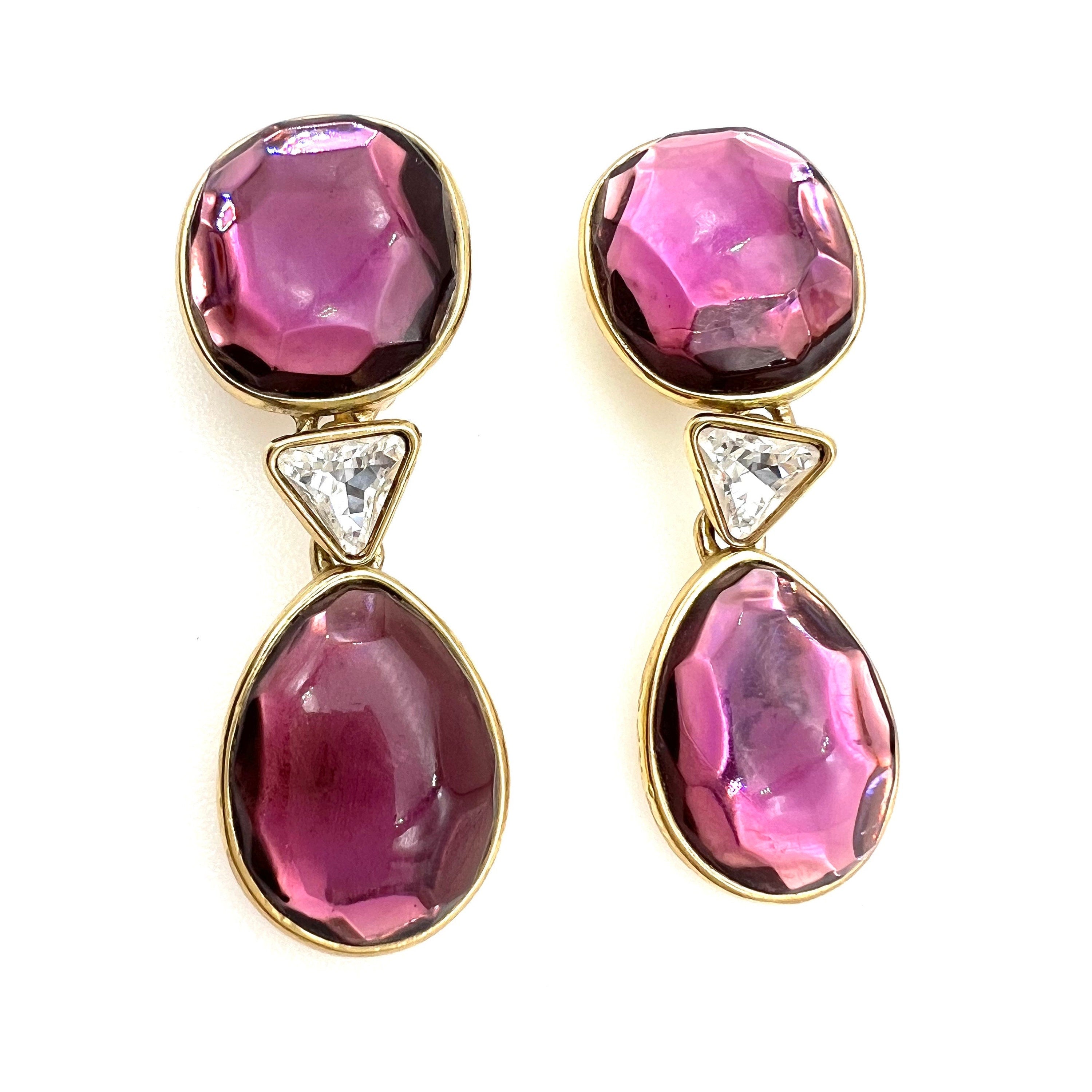 YSL YVES SAINT LAURENT Faceted top Purple Stone in Gold Tone Clip-on EARRINGS