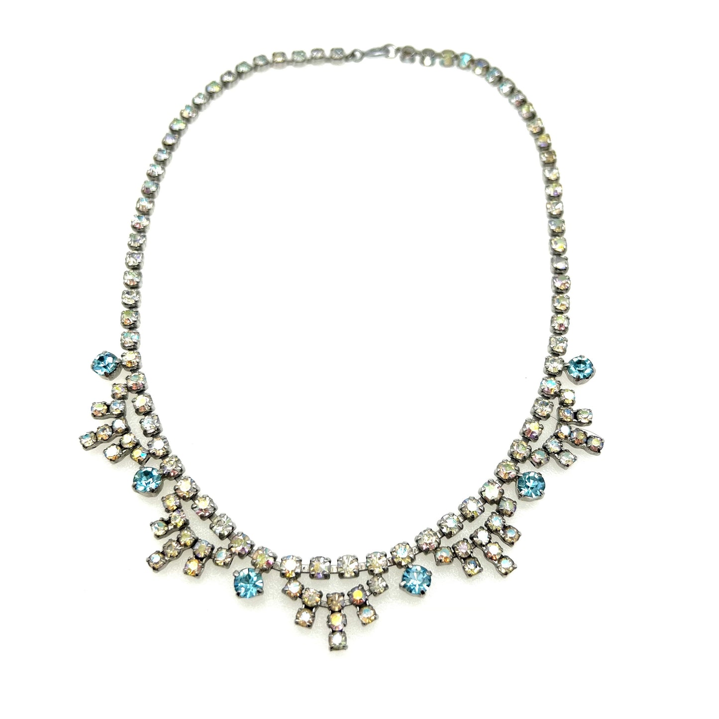 Aurora Borealis Clear Rhinestone Necklace with Sky Blue Rhinestone Accents