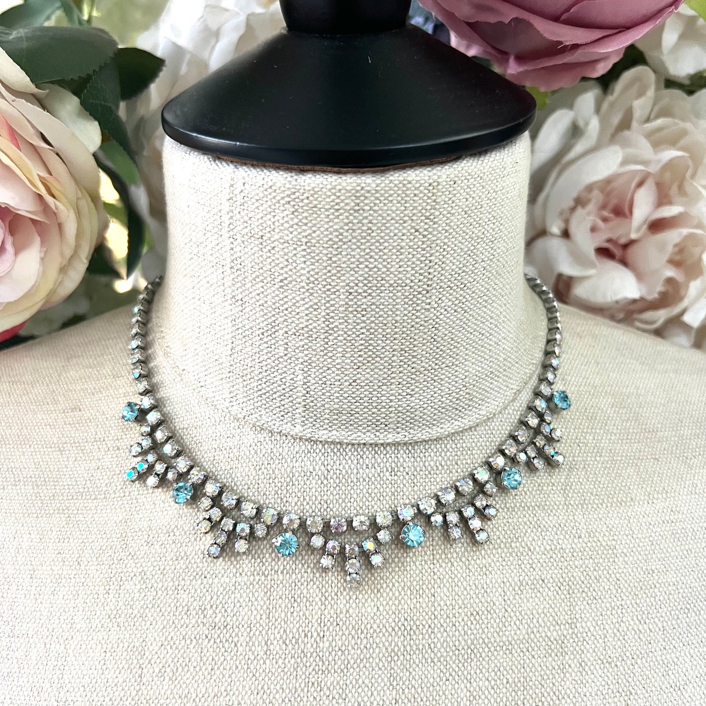 Aurora Borealis Clear Rhinestone Necklace with Sky Blue Rhinestone Accents