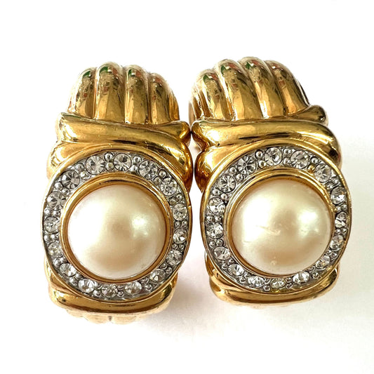 Crystalline Jewelry Company (Pranda) Gold Plated Faux Pearl and Rhinestone Clip On Earrings