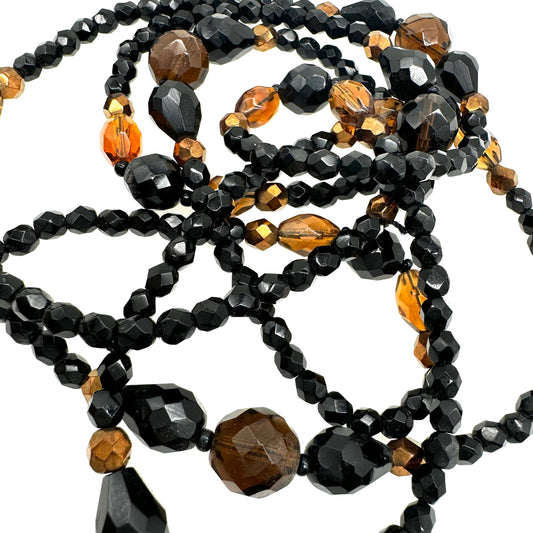 Long Black, Cognac and Smokey Vari Shape Faceted Glass Bead Necklace