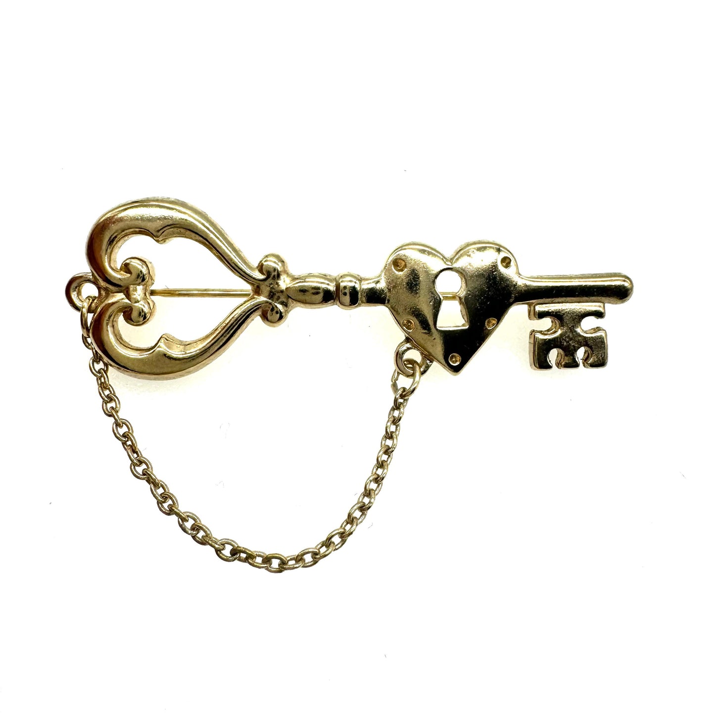 Key and Heart with Keyhole Brooch with Safety Chain for Decorative Effect