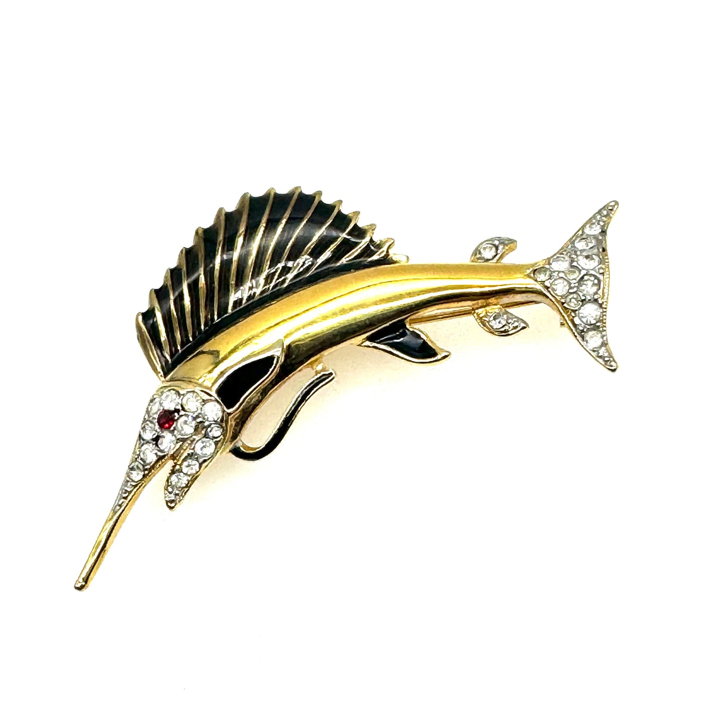 Vintage 1970's Enamel, Lacquer and Rhinestone Sailfish Brooch