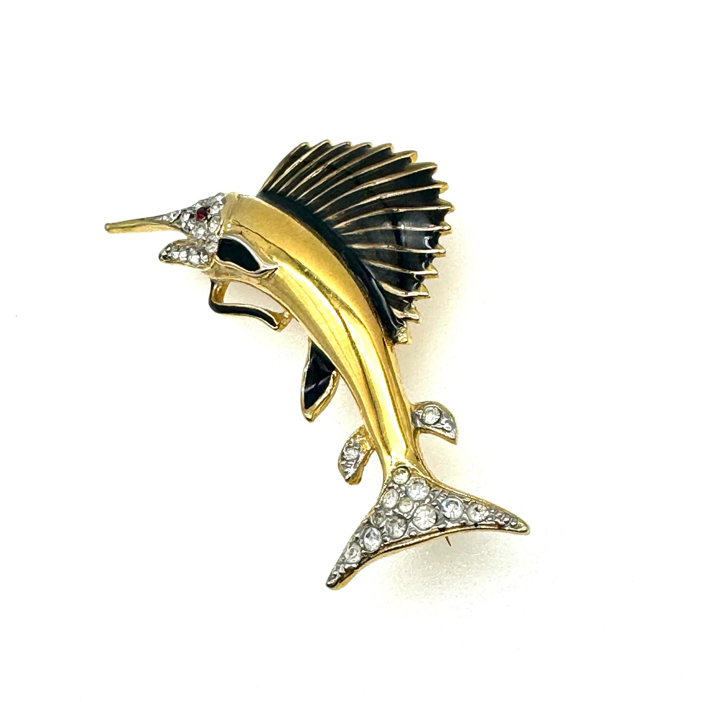 Vintage 1970's Enamel, Lacquer and Rhinestone Sailfish Brooch