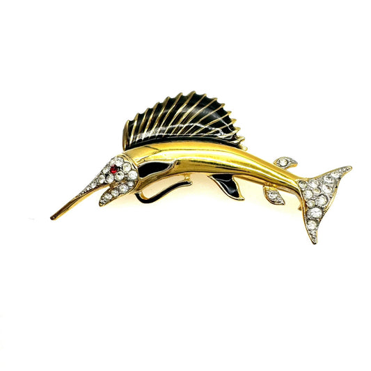 Unsigned Enamel, Lacquer and Rhinestone Sailfish Brooch