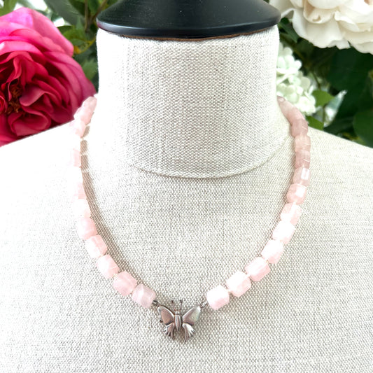 Rose Quartz Knotted Bead Necklace with 925 Silver Butterfly Clasp