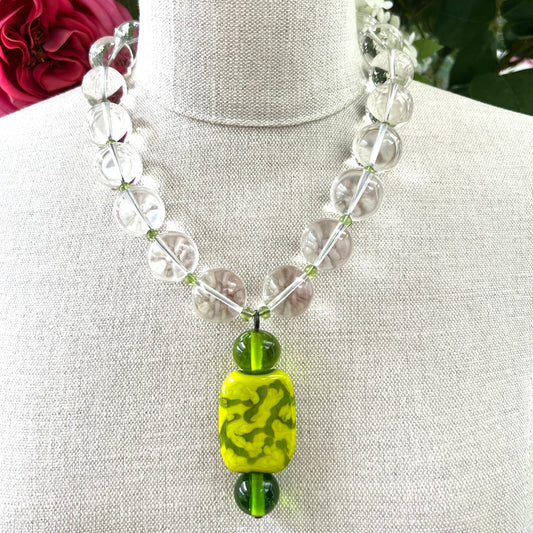 Huge Rock Crystal Beaded Necklace with Art Glass Pendant and Solid 925 Silver Magnetic Clasp by Langer (with Bullseye Effect)