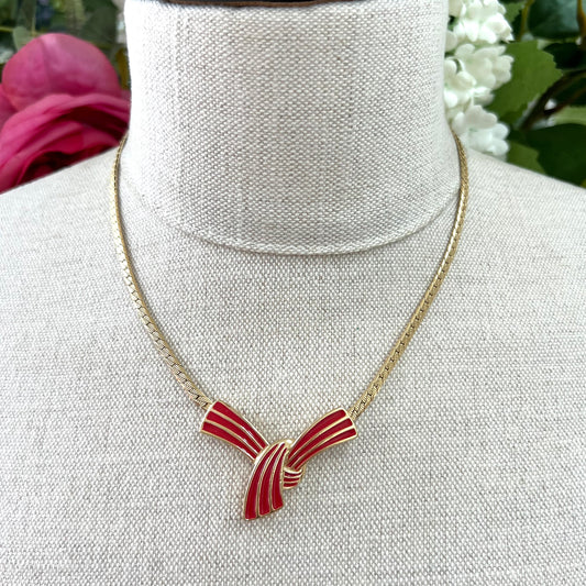 Trifari Red and Gold Enamel Bow Necklace