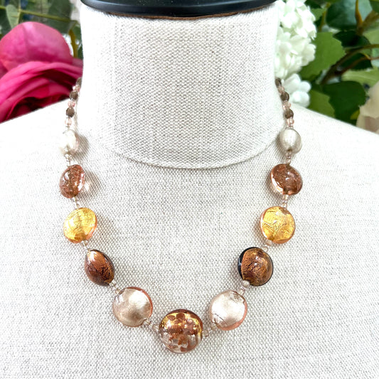 Le Perle 925 Vermeil, Gold, White and Copper Venetian Murano Foil Glass, Copper Fluss and Faceted Glass Bead Necklace