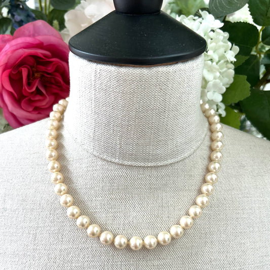 Vintage Hand Knotted Faux Pearl Necklace with 925 Silver Magnetic Beehive Clasp and Safety Chain